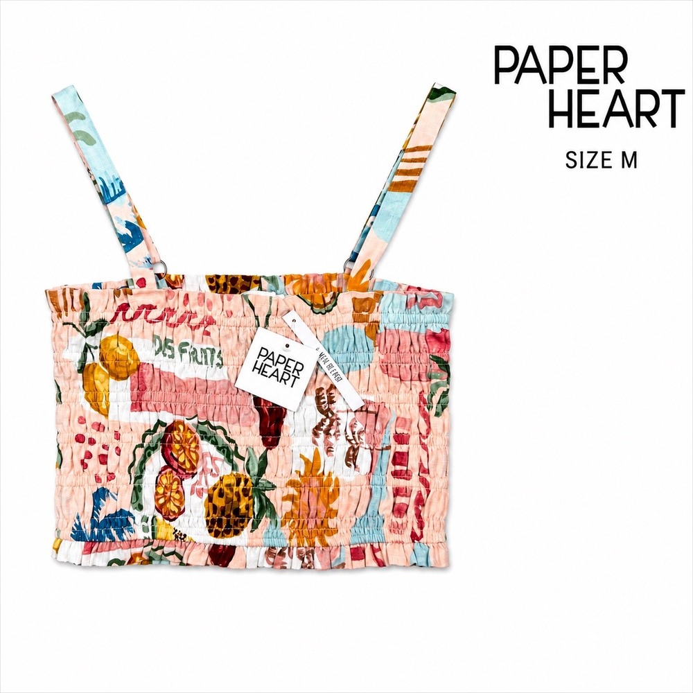 Paper Heart Smocked Crop Top Womens M Tropical Fruit Print Stretch Cami Tank NWT